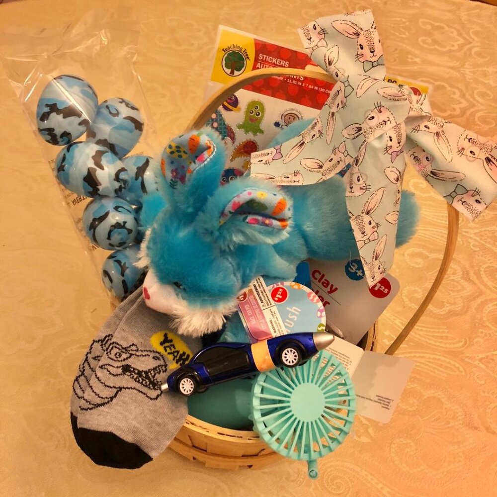 Blue Basket Bundle, bunny, stickers, fan, pen, socks, treat bags, eggs